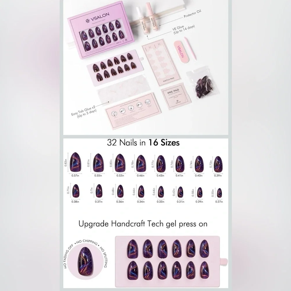 VSALON Press On Nails - Short Almond - Purple Cat Eye Sparkle for Spring